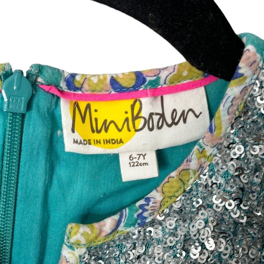 EUC Mini Boden size 6/7 Teal Floral Dress with Silver Sequin and Pink Tassels - Picture 4 of 8